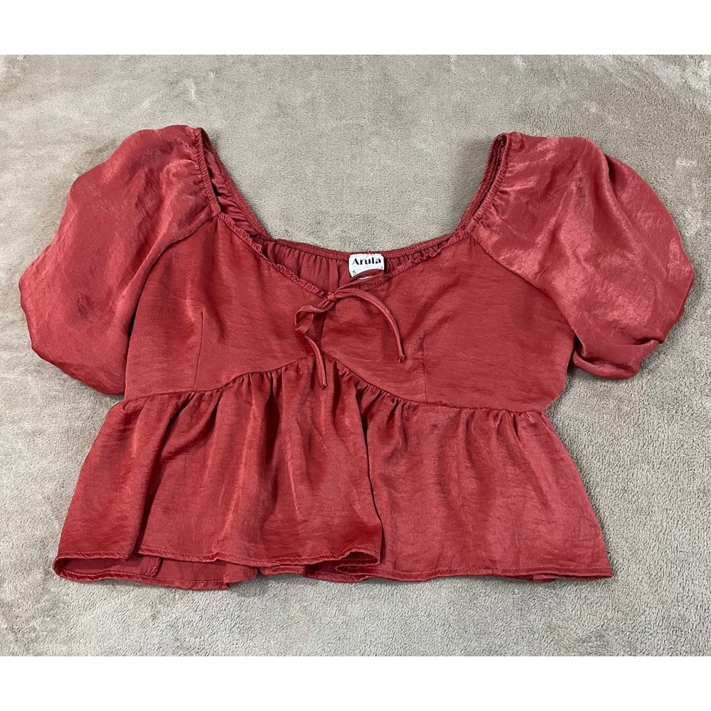 Arula Babydoll Crop Blouse Women Plus Size 1X Red Balloon Sleeve Tie Front EUC